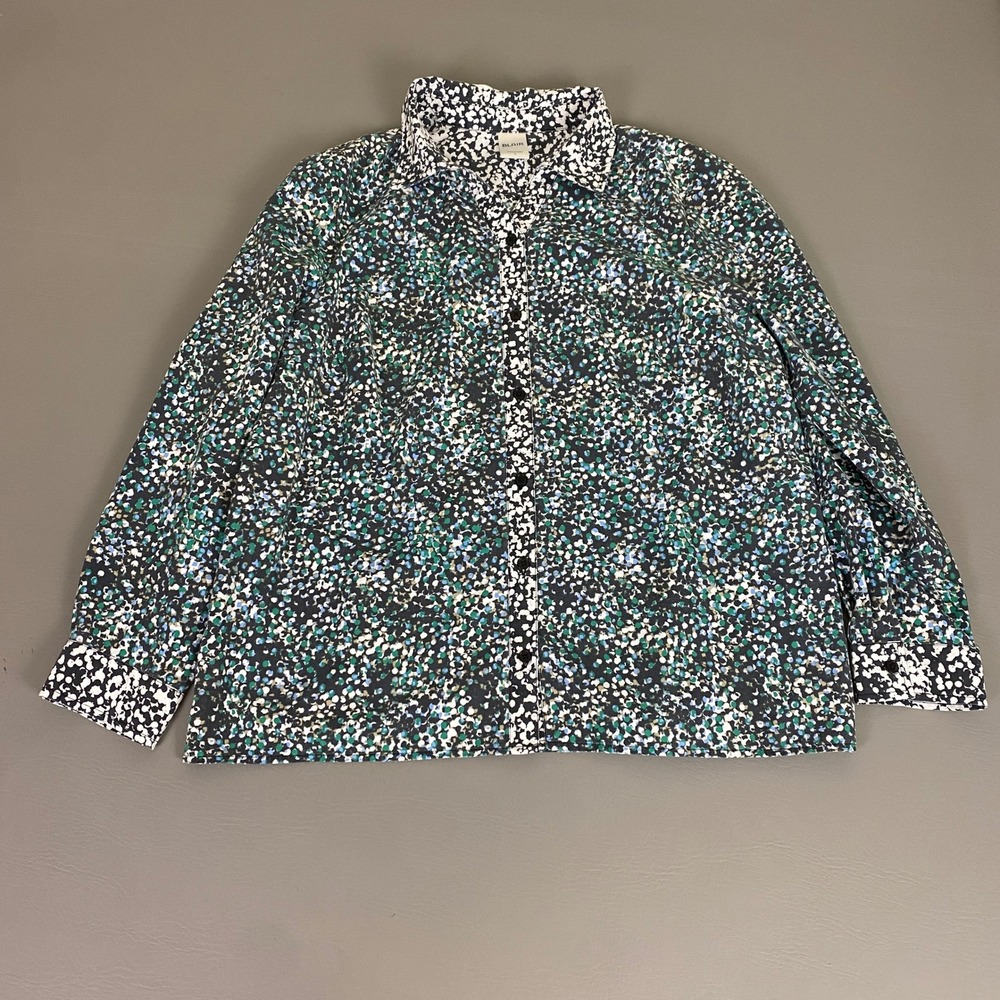 Blair Blouse Top Womens Large Long Sleeve Button Abstract Shirt Blue Green Black